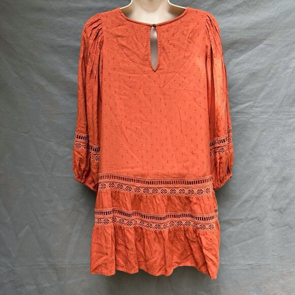 Anthropologie Burnt Orange Lace Swiss Dot Tiered Puff-Sleeve Mini Dress Sz XSP - Picture 2 of 7